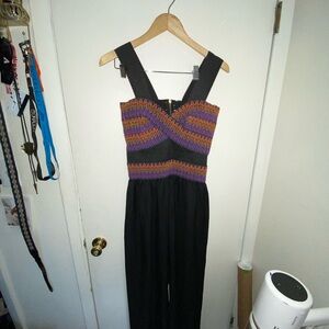 Black and Purple Jumpsuit with Fitted Bodice and Relaxed Legs
